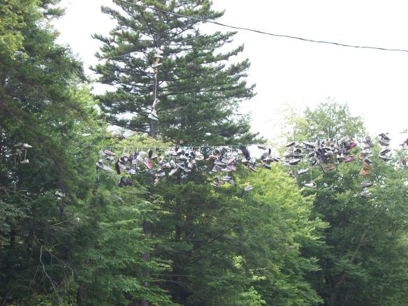 shoes hanging on wire